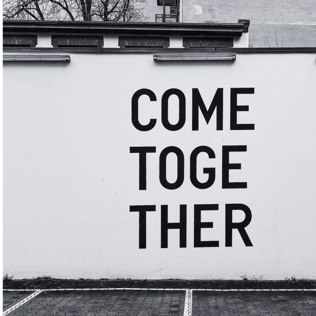 Outside wall with text 'come together'